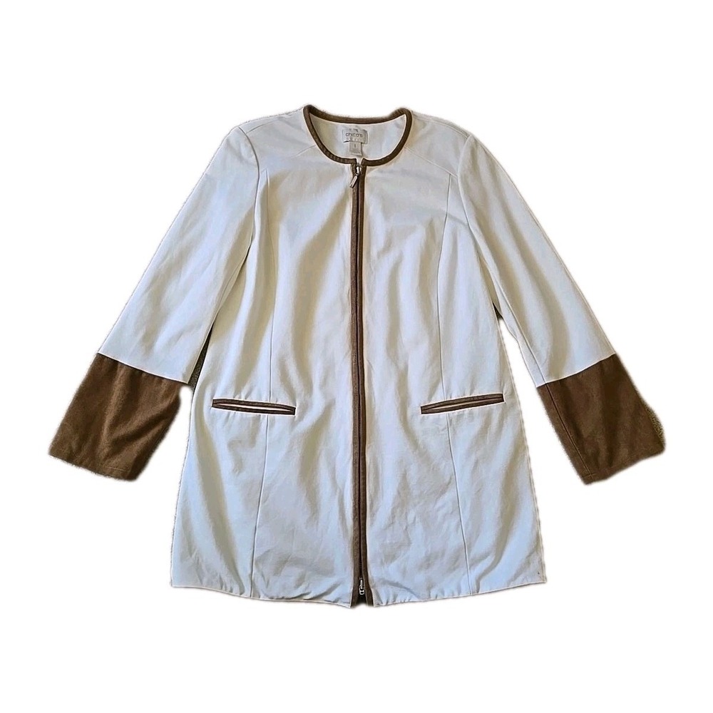 Chico's White Ponte Knit Suede Cuff Blazer Jacker Womens 1 Beige Brown Full Zip - Picture 10 of 16